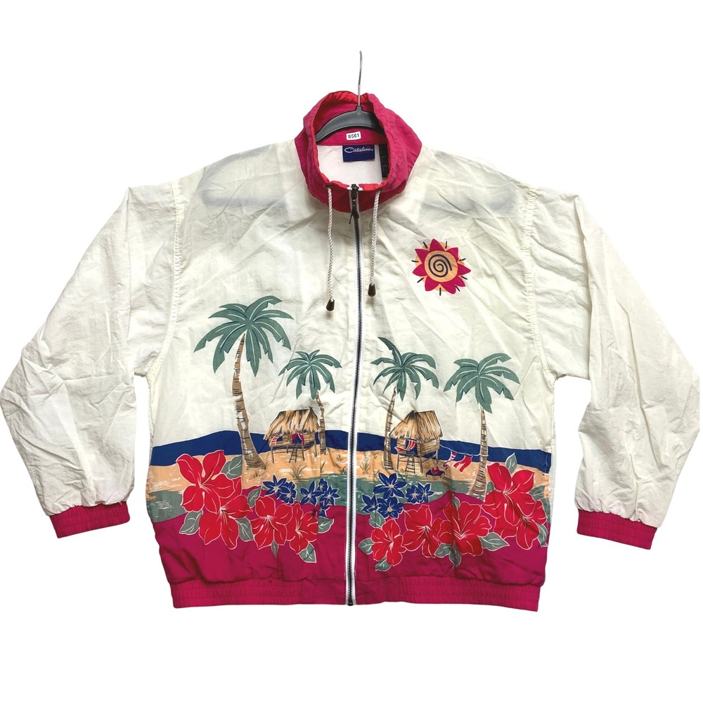 Vintage Catalina Windbreaker Jacket Womens Large Tropical Palm Tree Hibiscus